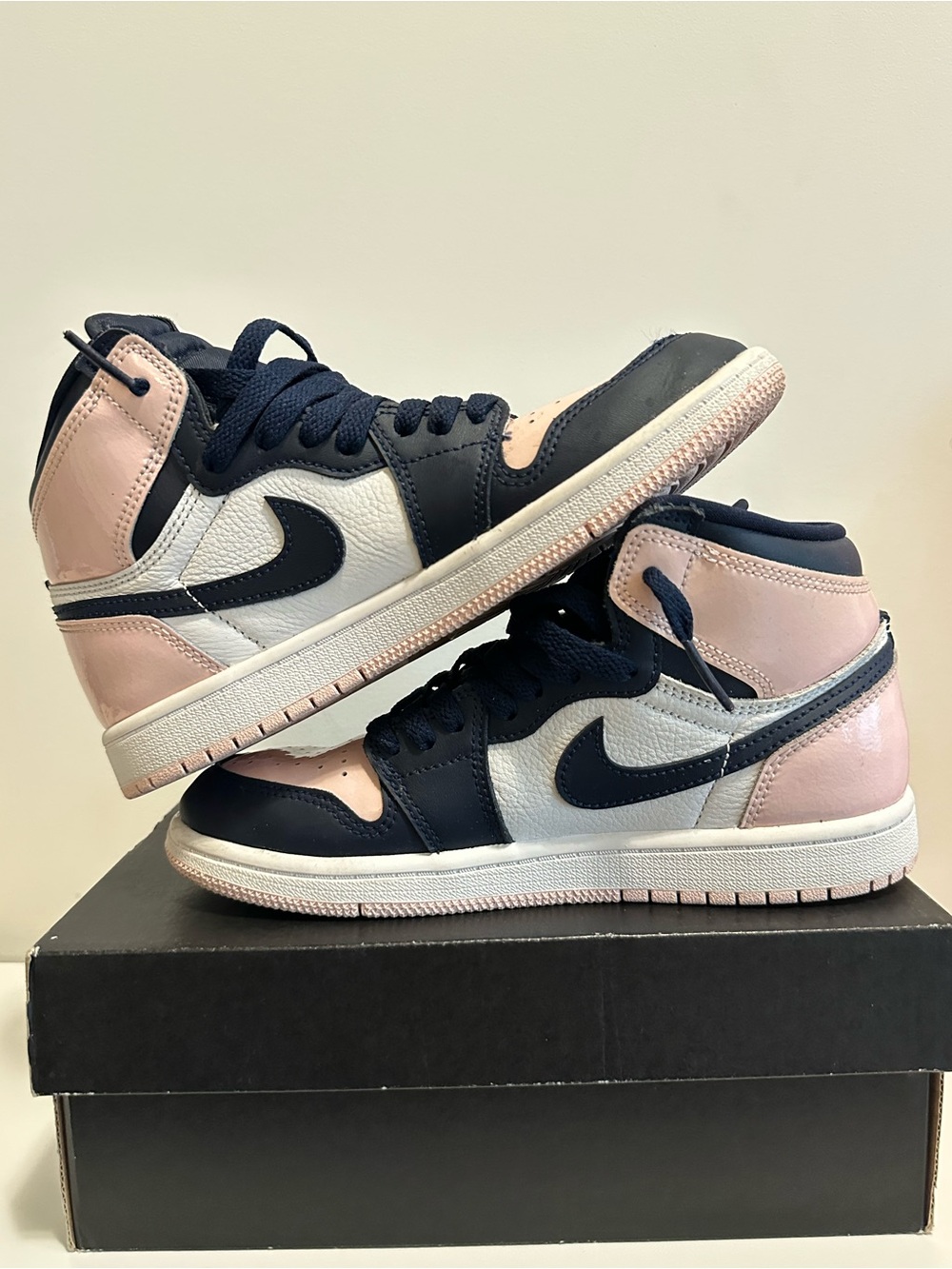 Jordan Kids High-Top Sneakers in Pink, Navy & White